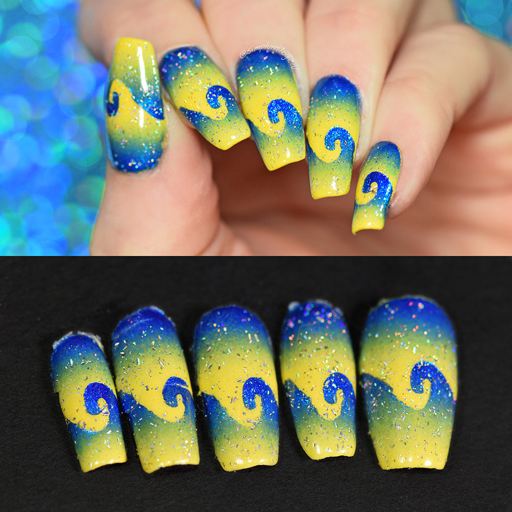 Full nail art manicure with blue and yellow swirls above, with full set of intact removed peelies below