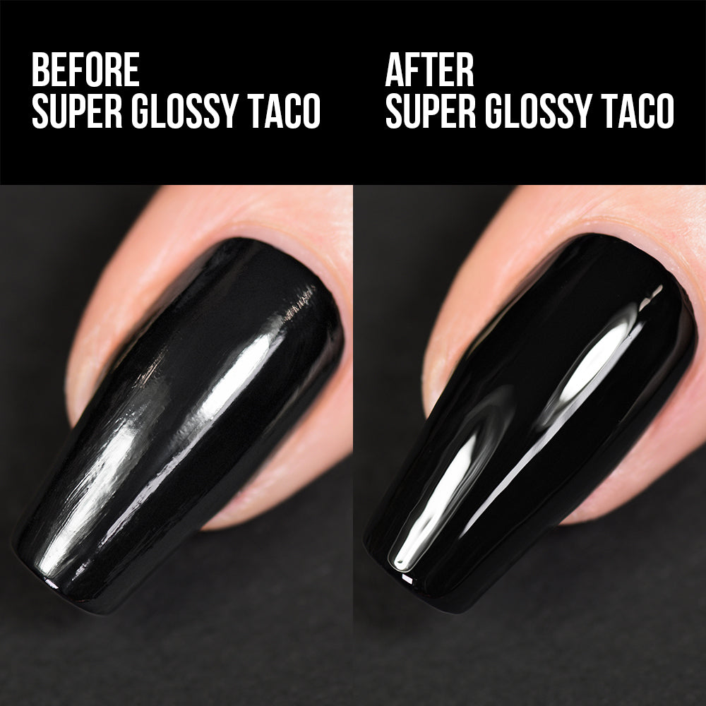 Holo Taco Super Glossy Taco before and after, over One-Coat Black on a nail